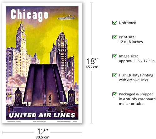 Miniatura 2 de Chicago USA - The Tribune Tower Wrigley Building y Michigan Avenue Bridge - United Air Lines - Póster vintage de viaje de aerolínea c.1950s -