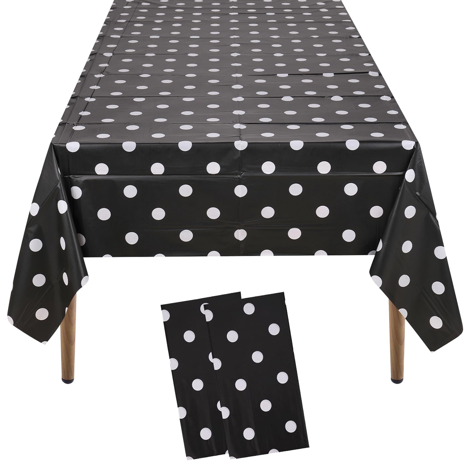 WedDecor 2pcs Disposable Plastic Tablecloths | Black (Polka Dots) | Wipeable, Waterproof Tablecloths, Party Table Decoration for Indoor Outdoor Party, Picnic, Dinner | 54 x 108 inch(Rectangular)