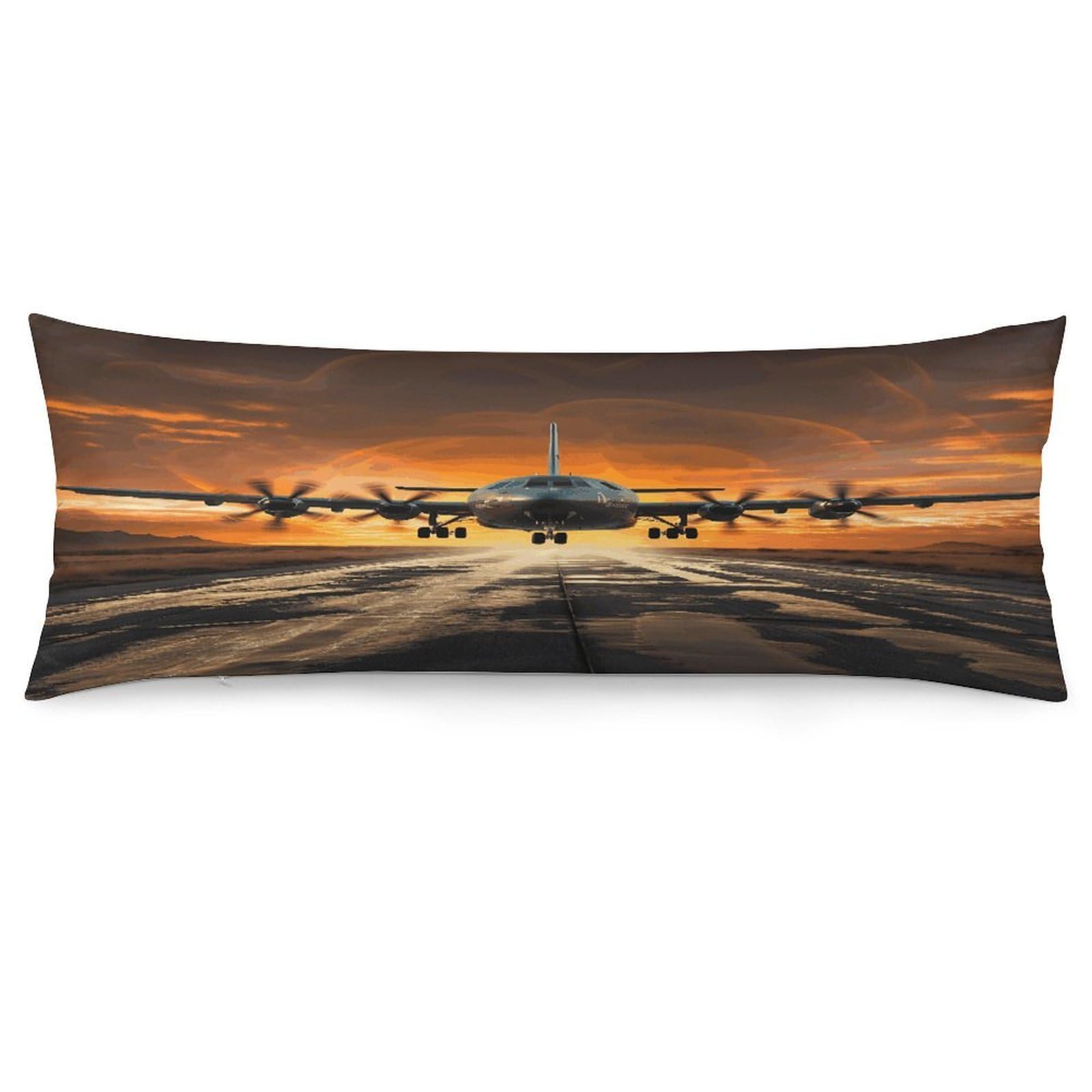 Military Plane Landing on Airforce Runways Against Beautiful Dusky Sky Throw Pillow Cover Soft Lumbar Pillow Covers with Zipper Breathable Rectangular Cushion Case Polyester Pillow Case Decorative Bod
