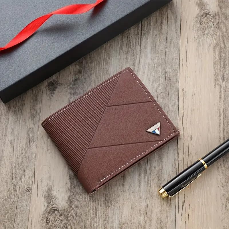 Men Leather Wallet - Compact, High-Capacity with Color Block Design, Durable Polyester Lining