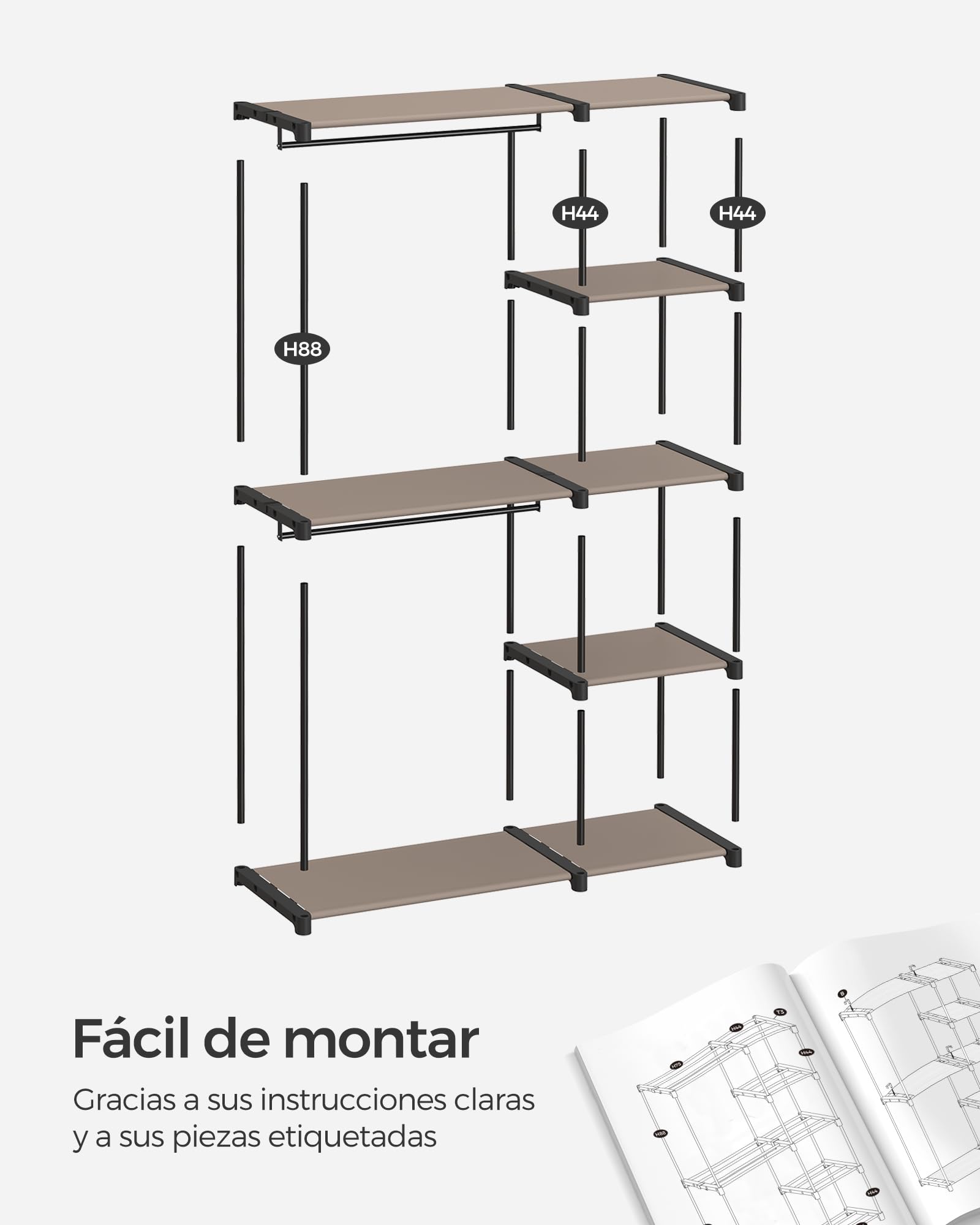 SONGMICS Armario de Ropa, Perchero, Burro Ropa, 124 x 43 x 182 cm, 2 Secciones para Colgar, con Compartimentos, Gran Capacidad, para Dormitorio, Salón, Lavandería, Topo RYG026R02