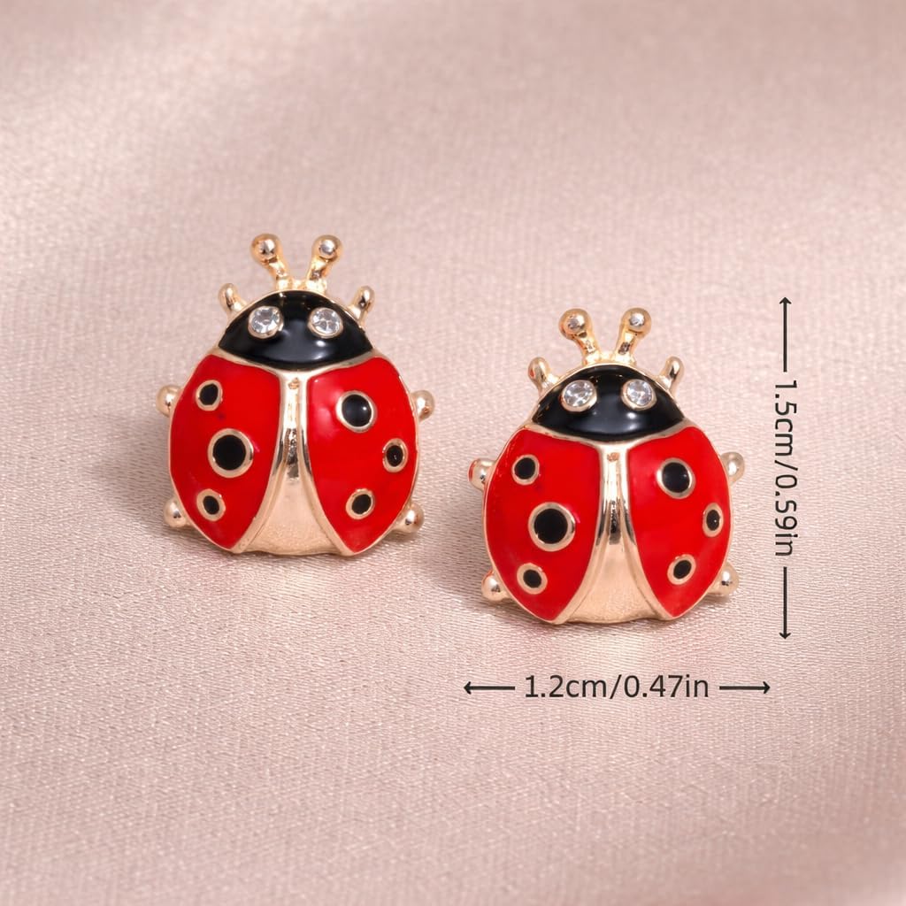 Cute Ladybug Stud Earrings, Red and Black Enamel with Crystal Rhinestones, Rose Gold Plated, 1.5cm x 1.2cm