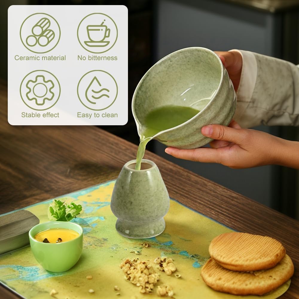 5 Stück Matcha Set, Bambus Matcha Besen, Keramik Matcha Schale mit Ausgießer, Matcha Whisk, Schaufel, Sieb, Matcha Tee Set Ohne Pulver, Ceremonial Matcha Starter Set (Weiß)