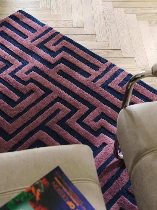 Geometric Maze Pattern Area Rug 10x14 ft, Pink & Navy Blue Handmade Tufted Wool Carpet, Thick Plush Soft Modern Designer Rug for Living Room Bedroom Home Décor