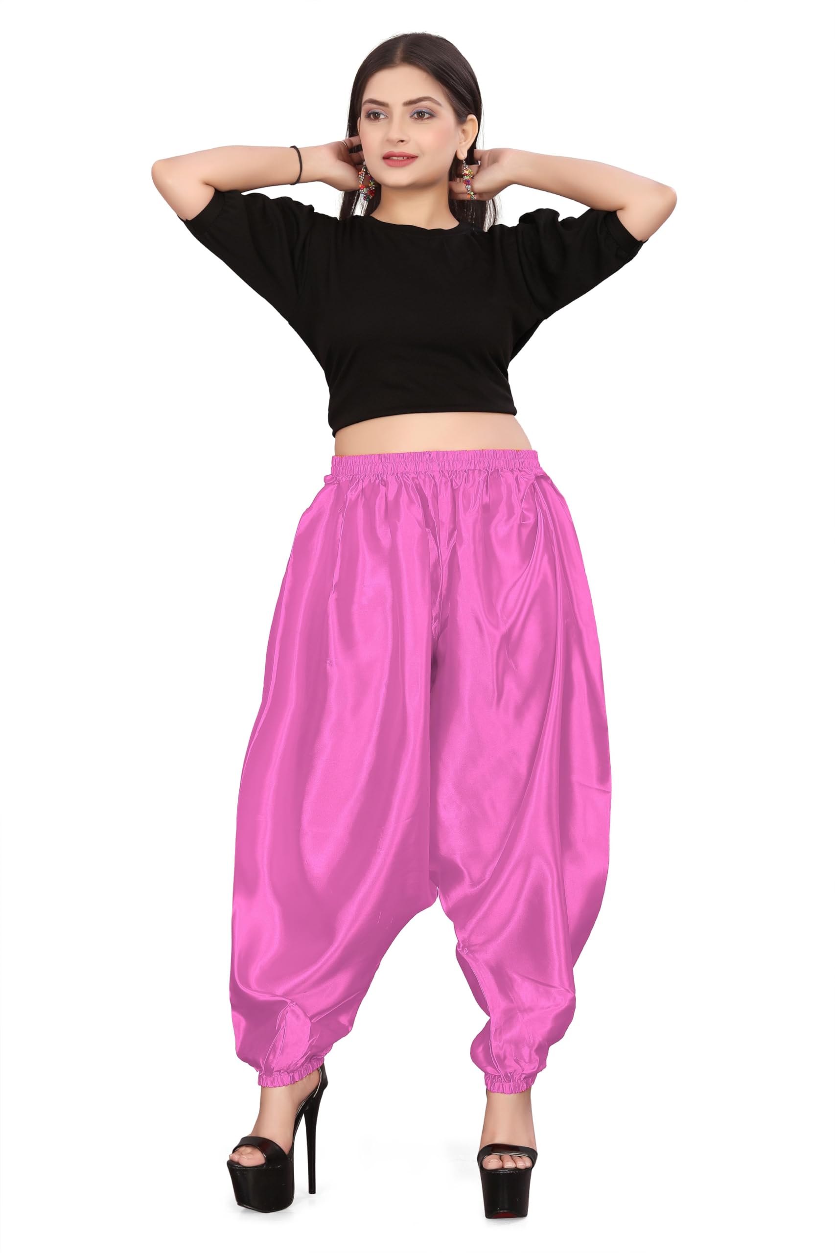 MEEK MERCERY BY KF Satin Belly Dance Harem Boohoo Pant – Elastic Waist, S to 5XL – 41 Colours – Flowing Performance Costume for Stage, Bollywood, Cosplay, Festival & Lounge Wear Pink