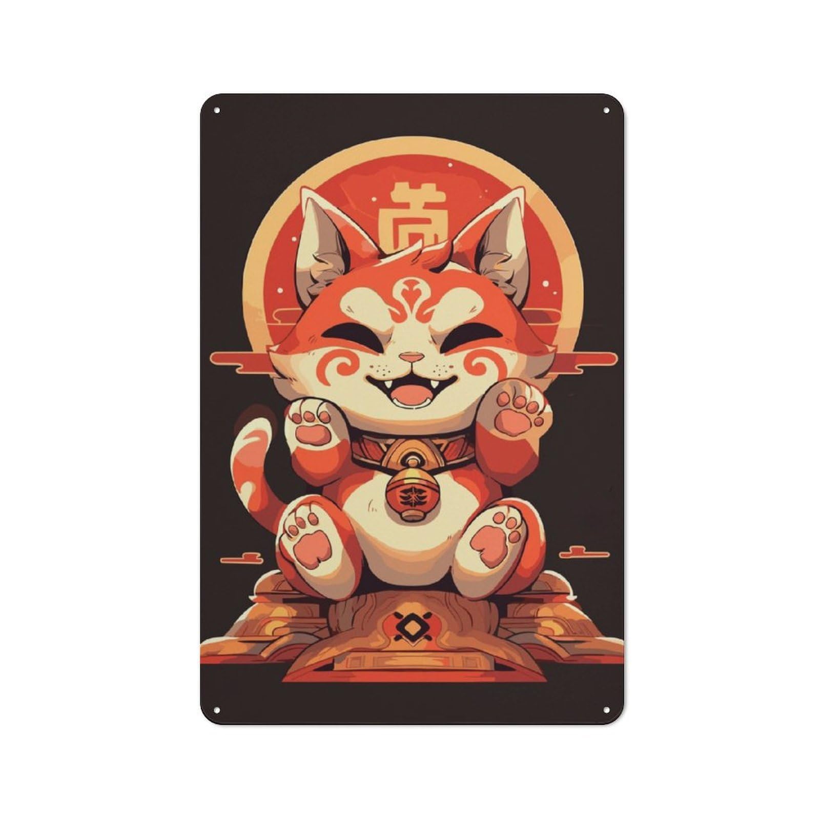 Junmoney Lucky Maneki Neko Cat Art Retro Metal Sign 30X20cm, Distressed Look Retro Room Decor For Living Room, Hallway, Kitchen Or Cafe