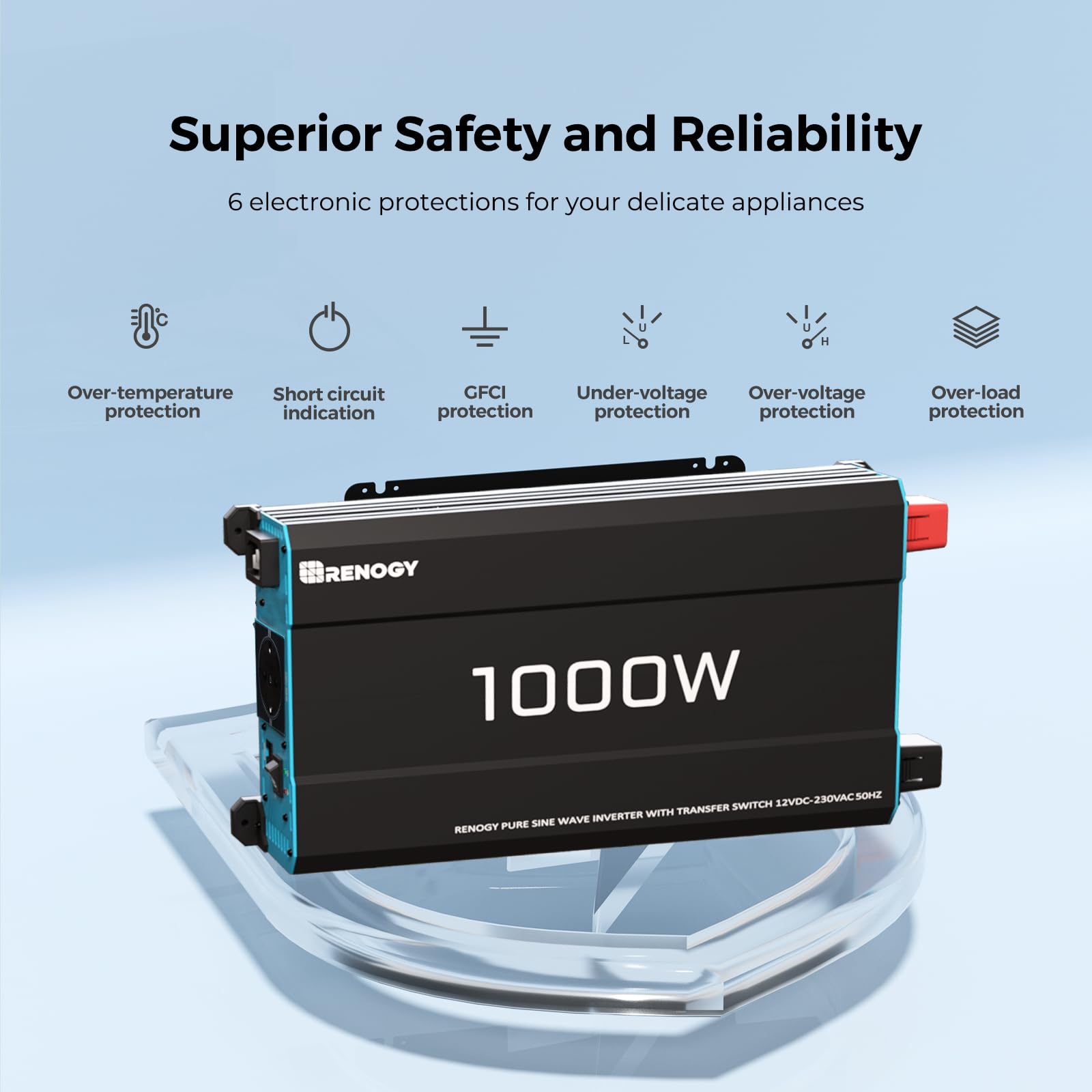 Renogy 1000W/2000W Convertisseur 12v 220v/230v Pur Sinus Transformateur, DC AC Onduleur Power Inverter Allume 2 Prise EU de Courant Alternatif pour Voiture, Camping, Voyage, Panneau Solaire, VR