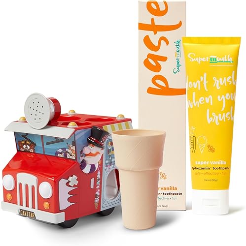 SuperMouth Paquete de cuidado bucal para niños organizador de camión de helado con dispensador de pasta de dientes, música y luces + pasta de