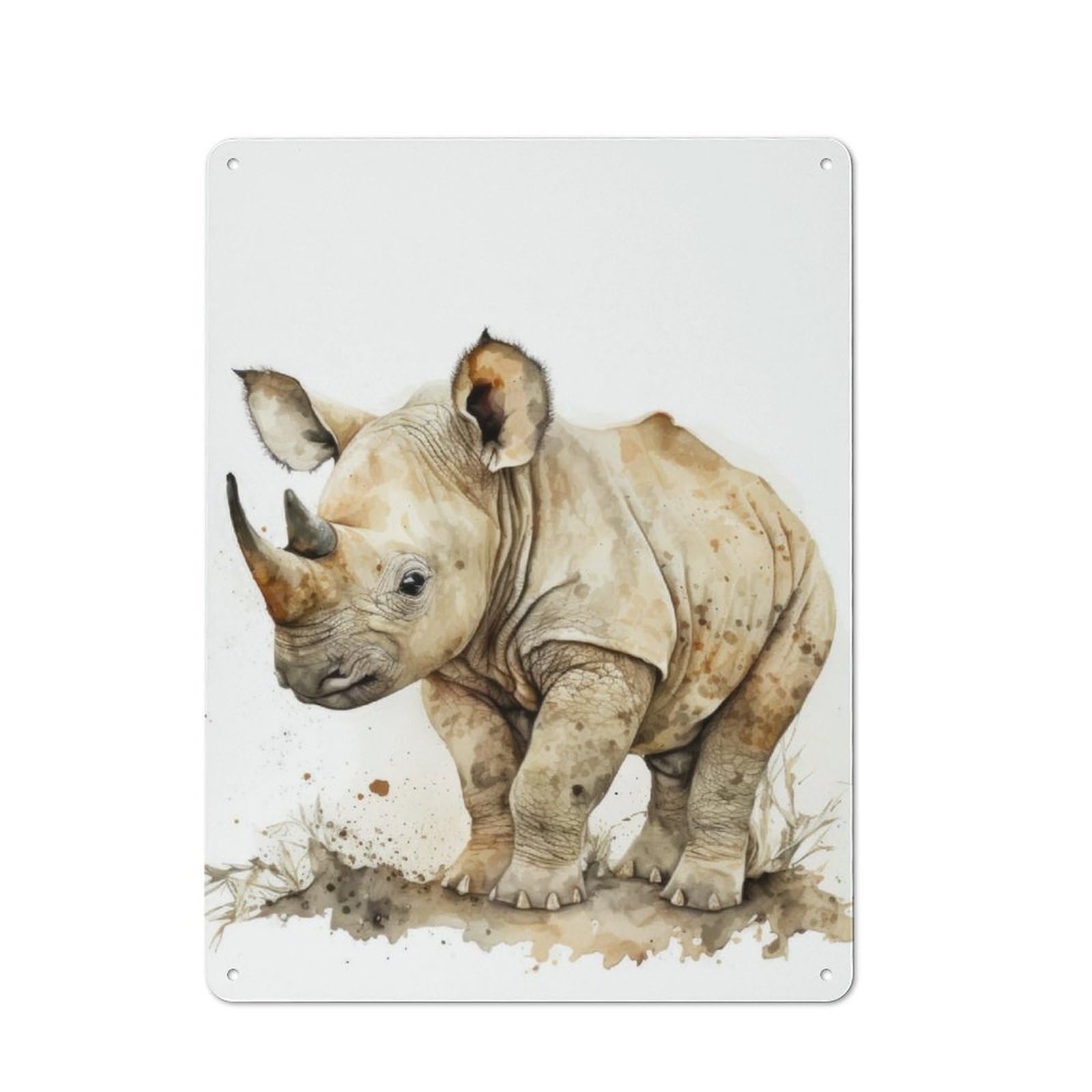 Junmoney Baby Rhino Watercolor Smart Tin Sign 40X30cm Featuring Office Wall Decor For Workspace, Cafe, Shop Or Desk Area