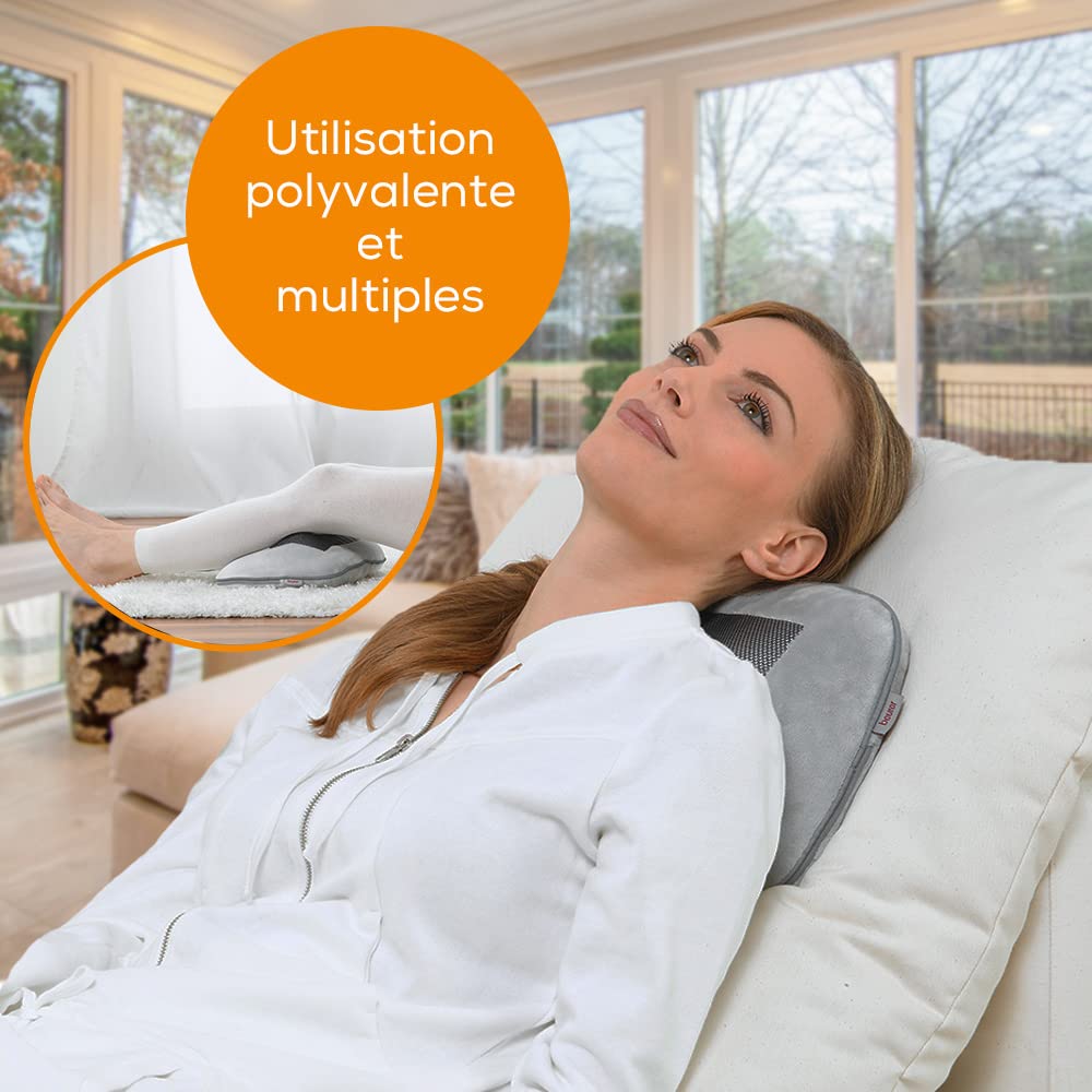 Beurer MG 145 Coussin de massage, masseur du dos et de la nuque pour un massage shiatsu relaxant, fonction chauffante, housse lavable, 4 têtes massantes, gris