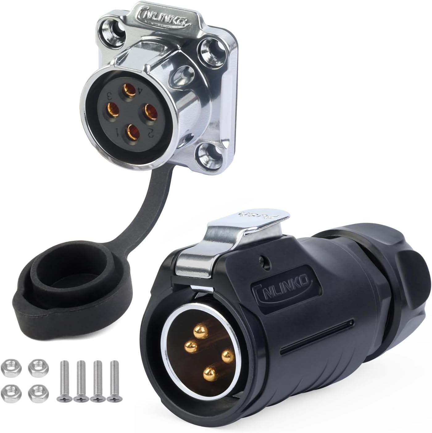 CNLINKO LP-20 Industrial Waterproof Connector IP68 Circular Connector Quick Plugging Aviation Connector Anti-Interference Shell Fast Release Connector M20 2-12 Pin Flange Socket (4 Pin)