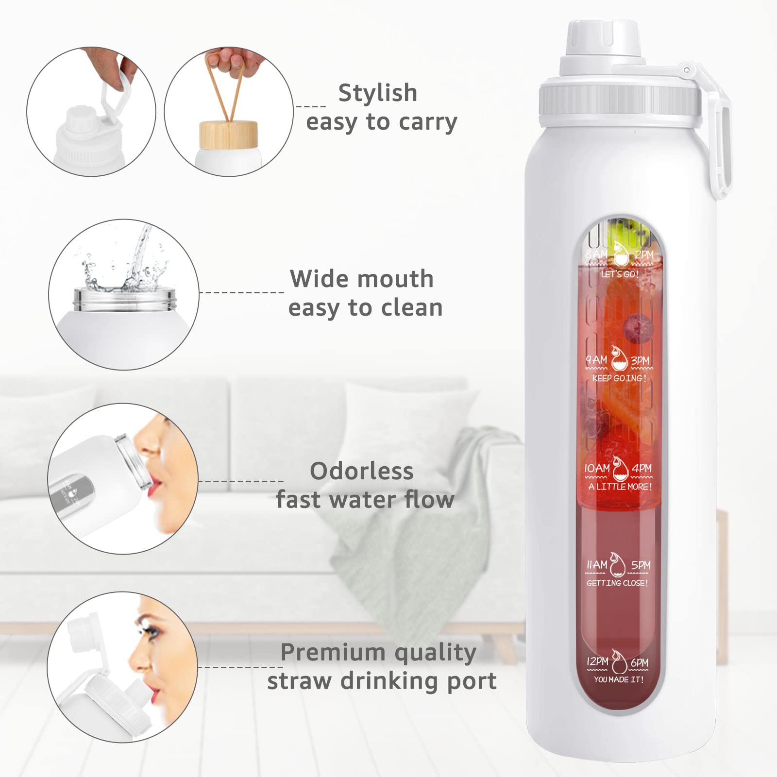 Sursip 32oz Glass Water Bottle with Time Marker and 2 Lids-Spout Lid/Bamboo Lid??îReusable motivational Glass Water Drinking Bottles with Silicone Sleeve/Ice Tray/Fruit box??îLeak Proof BPA Free
