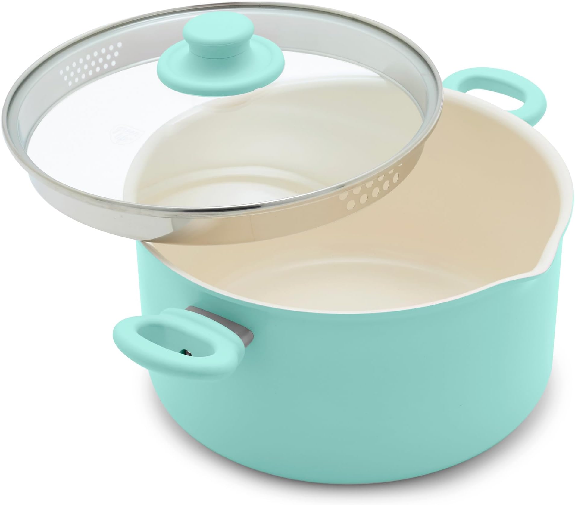 6QT Ceramic Nonstick Stockpot with Glass Straining Lid, PFAS & PFOA-Free, Dishwasher Safe, Stay-Cool Handles, Oven Safe to 350°F, Wobble-Free Base, Even Heating, Turquoise