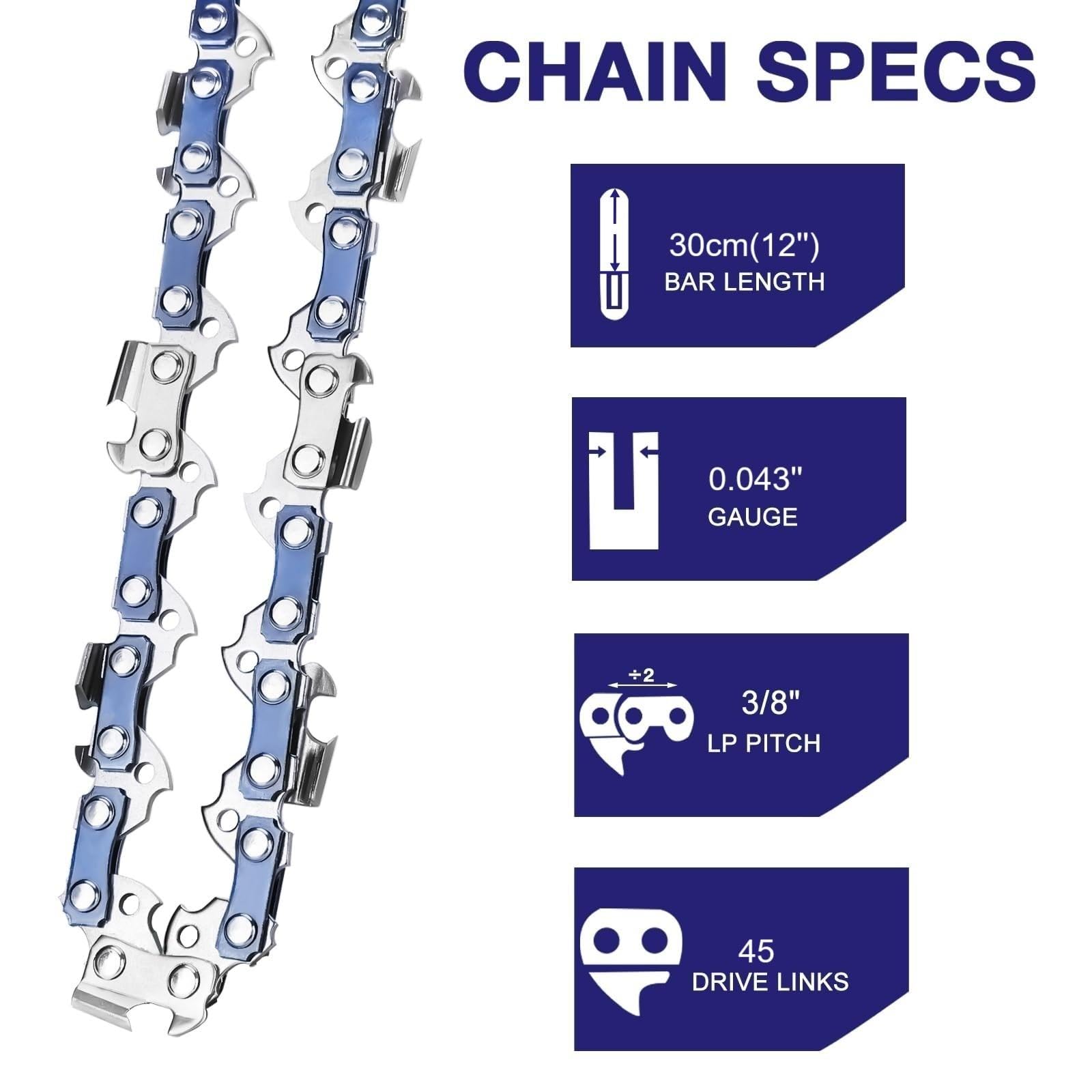 Lot de 4 Chaîne de Tronçonneuse 3/8"LP 45 maillons 1,1 mm, Chaine Tronconneuse pour Guide Tronconneuse 30 cm, Avec Boucle & Gants, Compatibles avec OCS1830/ RAC227, AKE 30 Li, 436Li, T535iXP