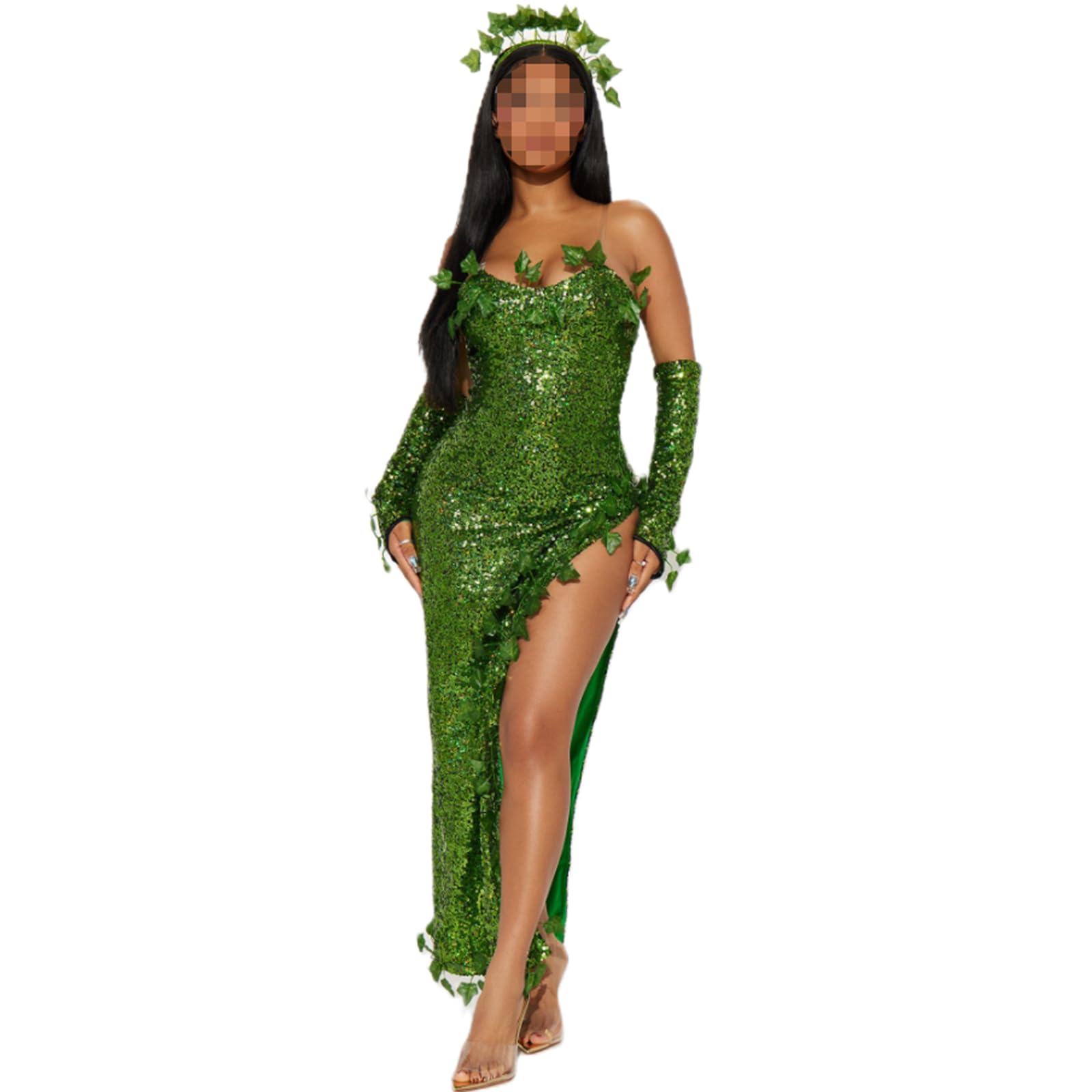 RUIWANBBY Women Halloween Fairy Costume Sets Glitter Sleeveless Strapless Mini Dress with Wings Cosplay Theme Party Outfits (E-army green (no wings), M)