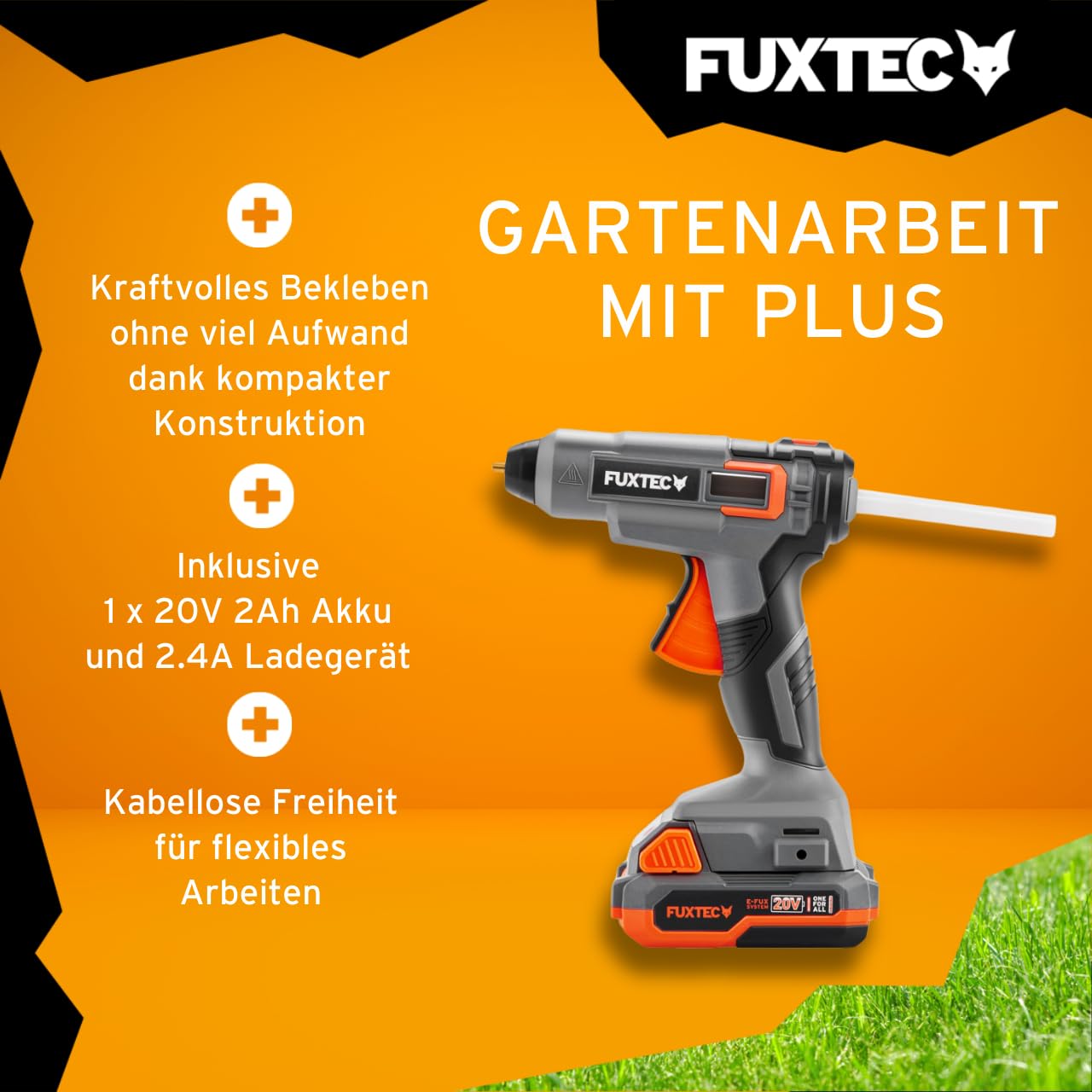 FUXTEC 20V Akku HeißklebepistoleC FX-E1GG20-SET inkl. Akku und Ladegerät, Klebepistole für 11mm Klebesticks, automatische Abschaltung, starke Klebeleistung für Holz/Textilien/Keramik/Leder uvm.