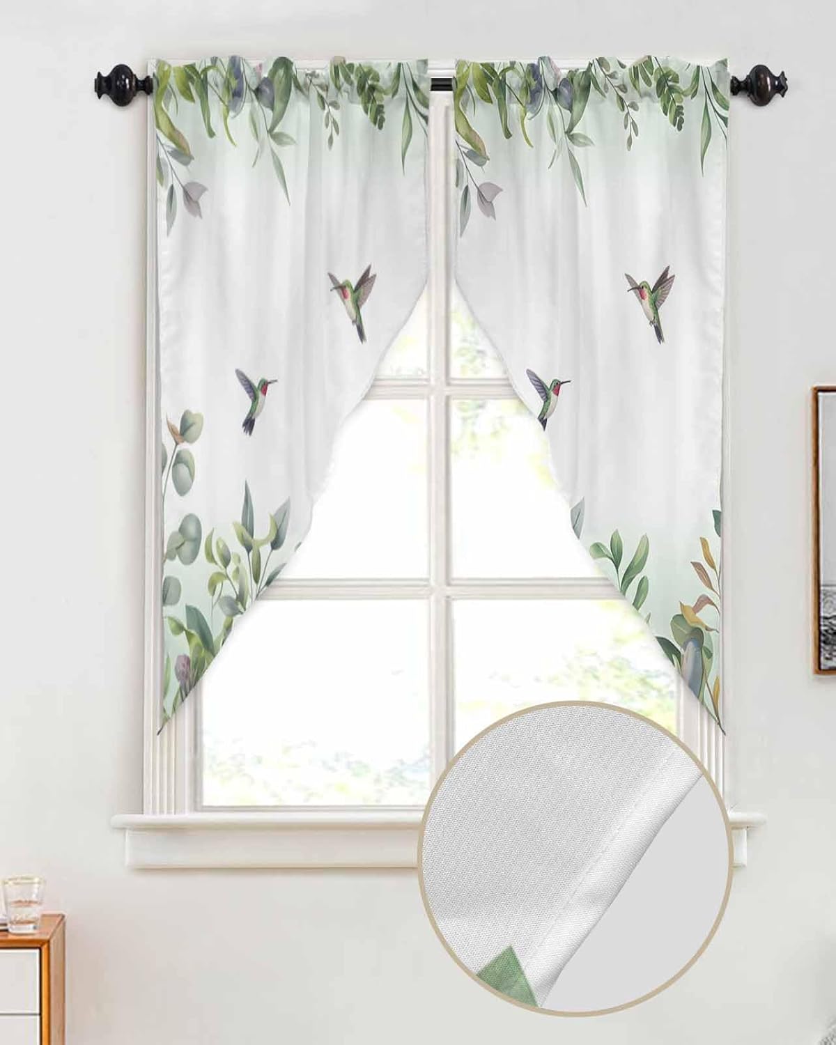 Leaf Swag Valance Curtains Plants Leaves Green Hummingbird Watercolor Style Rod Pocket Kitchen Curtains Scalloped Window Treatment Valances Swag Curtains for Living Room, 1 Pair, 36" W x 45" L