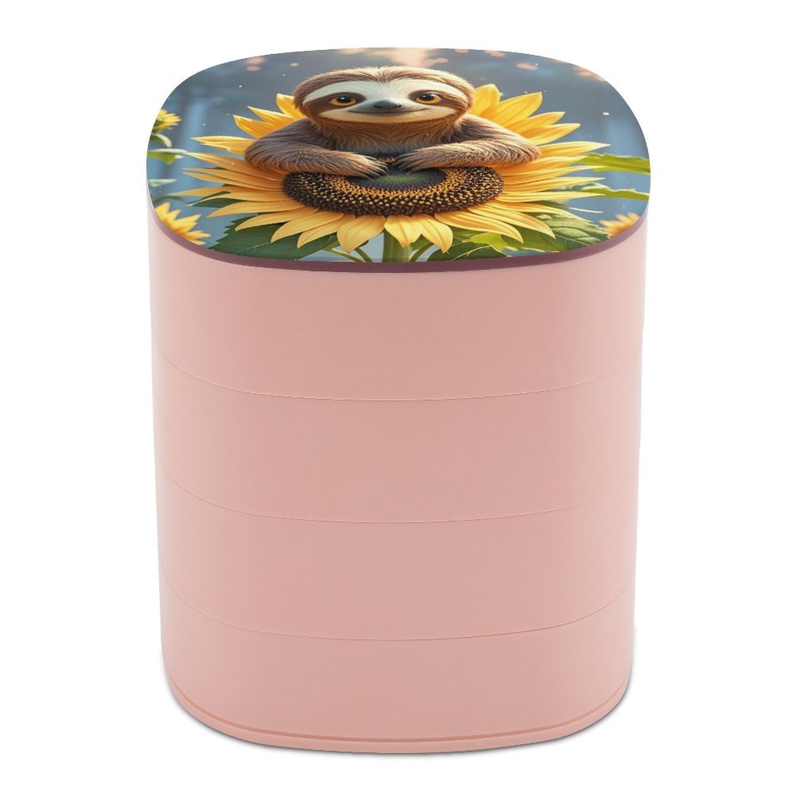 Cartoon Sloth Sitting on Sunflower Jewelry Box with Mirror 4-Layer Rotating Travel Jewelry Case Small Jewelry Organizer Portable Jewelry Storage Box Rings Stud Necklaces Earring Holder for Women