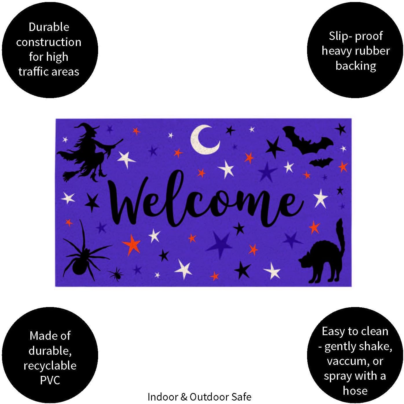 Evergreen Flag Halloween Door Mat with Witch Cat Spider Print| Front Door Welcome Mat for Outdoor Indoor Entrance | 28x16 Inches | Non-Slip Doorway Rug |Halloween Decoration for Porch Patio Floor