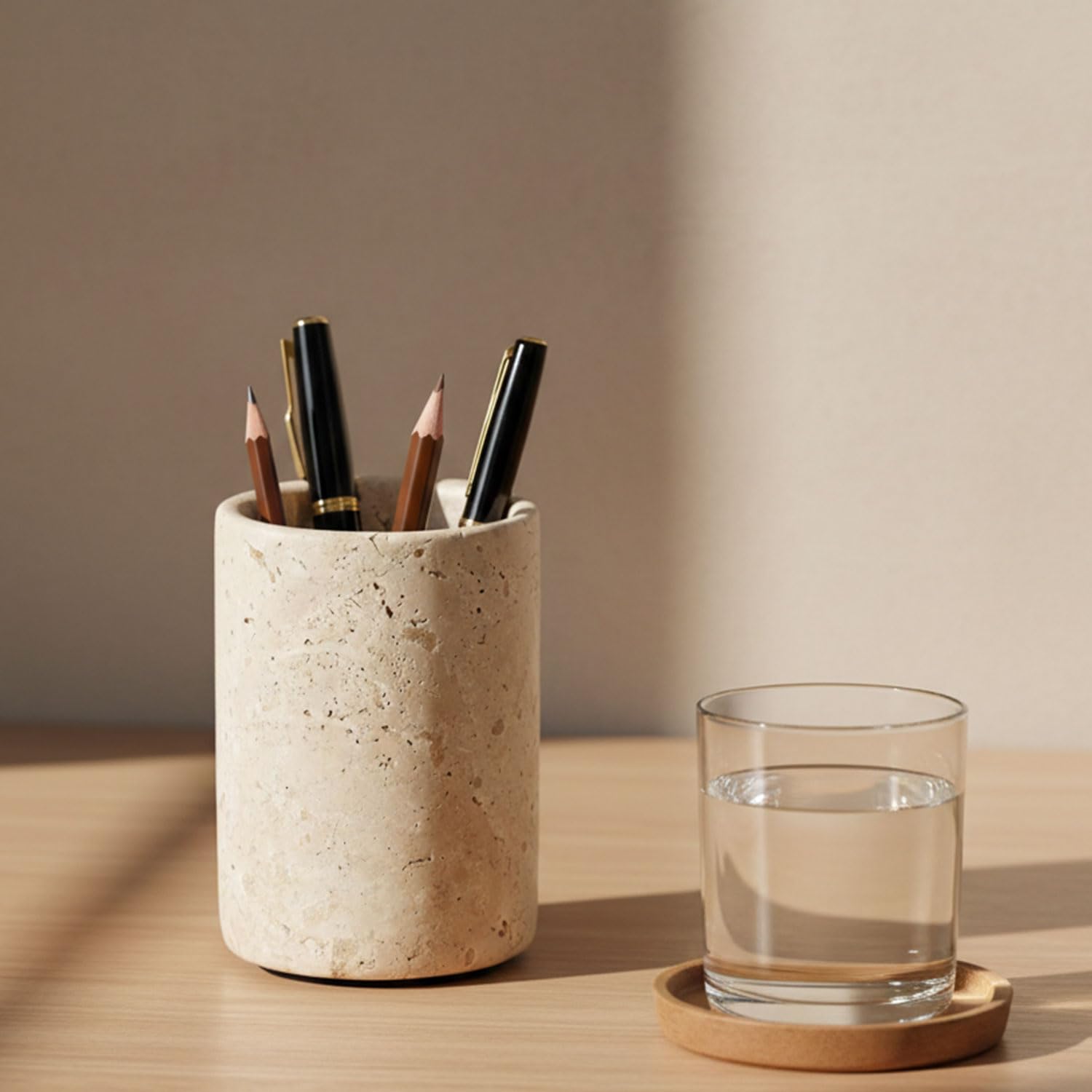 Radicaln Portapenne da scrivania in marmo da 10,2 cm, in travertino, realizzato a mano, ideale per matite e cancelleria, utilizzato per portaspazzolini, ideale per forniture per ufficio