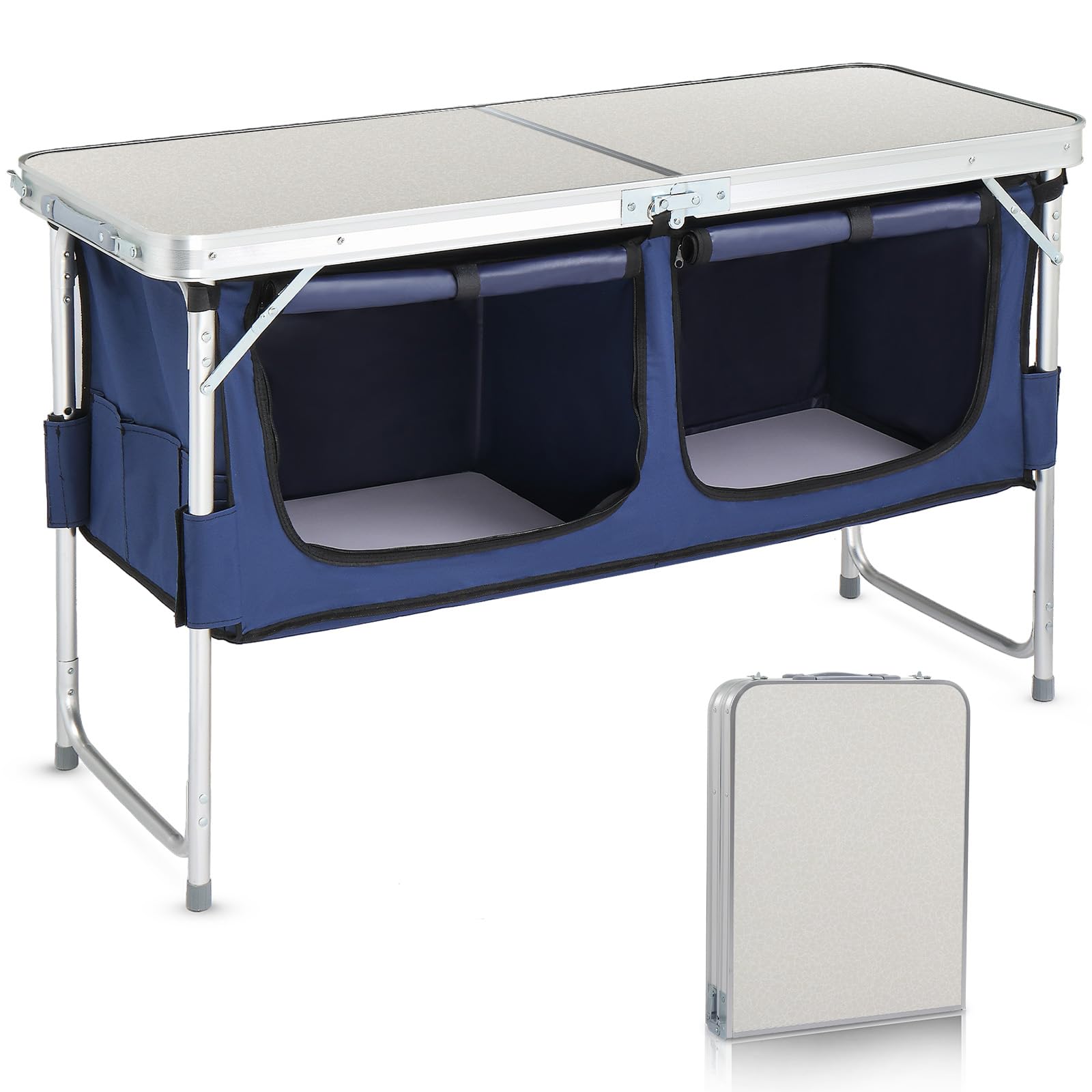 VINGLI 4 Ft Folding Camping Table with Storage, Aluminum Picnic Table, Adjustable Height for Outdoor Beach BBQ Backyards Travel Party White