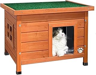 VOUNOT® Maison de Chat en Bois avec Toit Bitumé et Fenêtre Plexiglas Maison de Toilette pour Chat Meuble de Bac avec Porte Niche 57x45x43cm