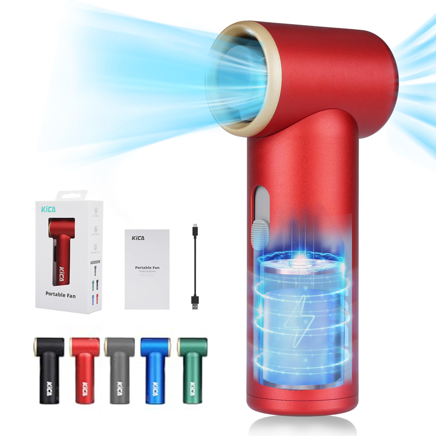 Kica Jetfan Mini Ventilatore Portatile,Ventilatore da Tavolo Silenzioso Ricaricabile Tramite USB,Ventilatore 3000mAh batteria[14ore di lavoro],Velocità regolabile liberamente,Scocca in metallo,Rosso