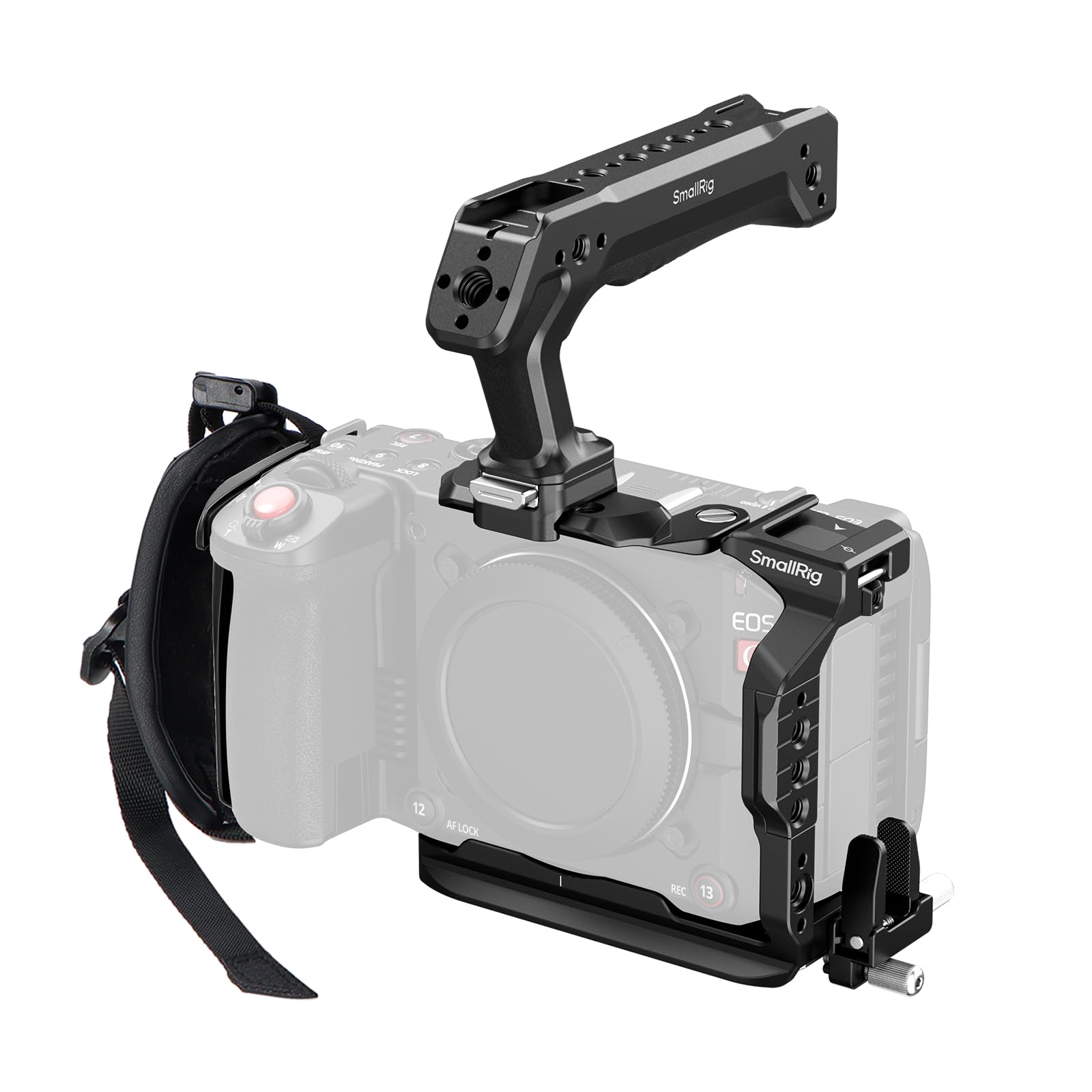 SMALLRIG Zestaw Cage do Canon C50 z górnym uchwytem, ​​paskiem na rękę, dedykowanym zestawem do kamery ręcznej z zaciskiem kablowym do HDMI, wbudowaną płytką szybkiego montażu do Arca- 5809