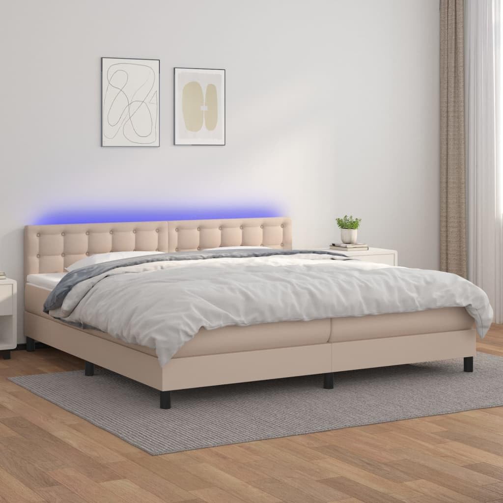 Cama con somier con colchón y LED marrón capuchino 200 x 200 cm, cama tapizada de piel sintética con cabecero regulable en altura, colchón de muelles ensacados, tiras LED USB, dormitorio