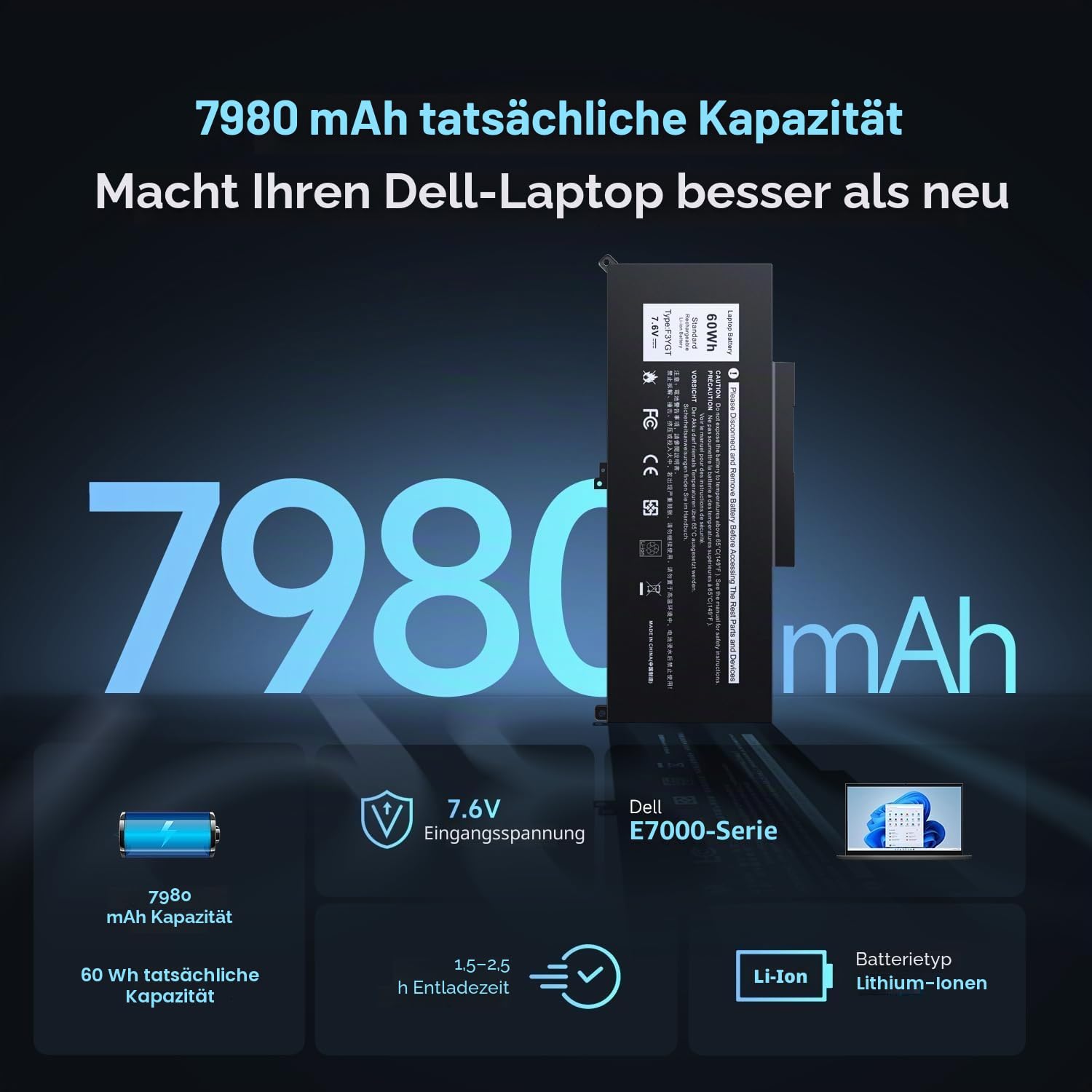F3YGT Ersatzbatterie Akku für Dell Latitude 12 7000 7280 7290 Latitude 13 7000 7380 7390 P29S002 Latitude 14 7000 7480 7490 P73G002 Serie DM3WC DM6WC 2X39G KG7VF 451-BBYE 453-BBCF 7,6V/60WH