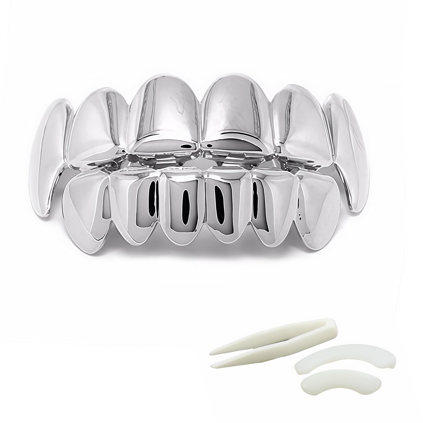 Hip Hop Teeth Grills for Teeth Mouth, Hip Hop Mouth Grills for Men and Women, Silver Plated Hip Hop Style Tooth for Halloween, Cosplay, Party, One Size, Metal, No Gemstone Silver, 1.97in