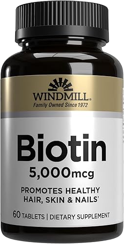 Windmill Vitaminas naturales biotina de 5000 mcg, apoya la salud del cabello, la piel y las uñas, potenciador del metabolismo, 60 unidades, 60