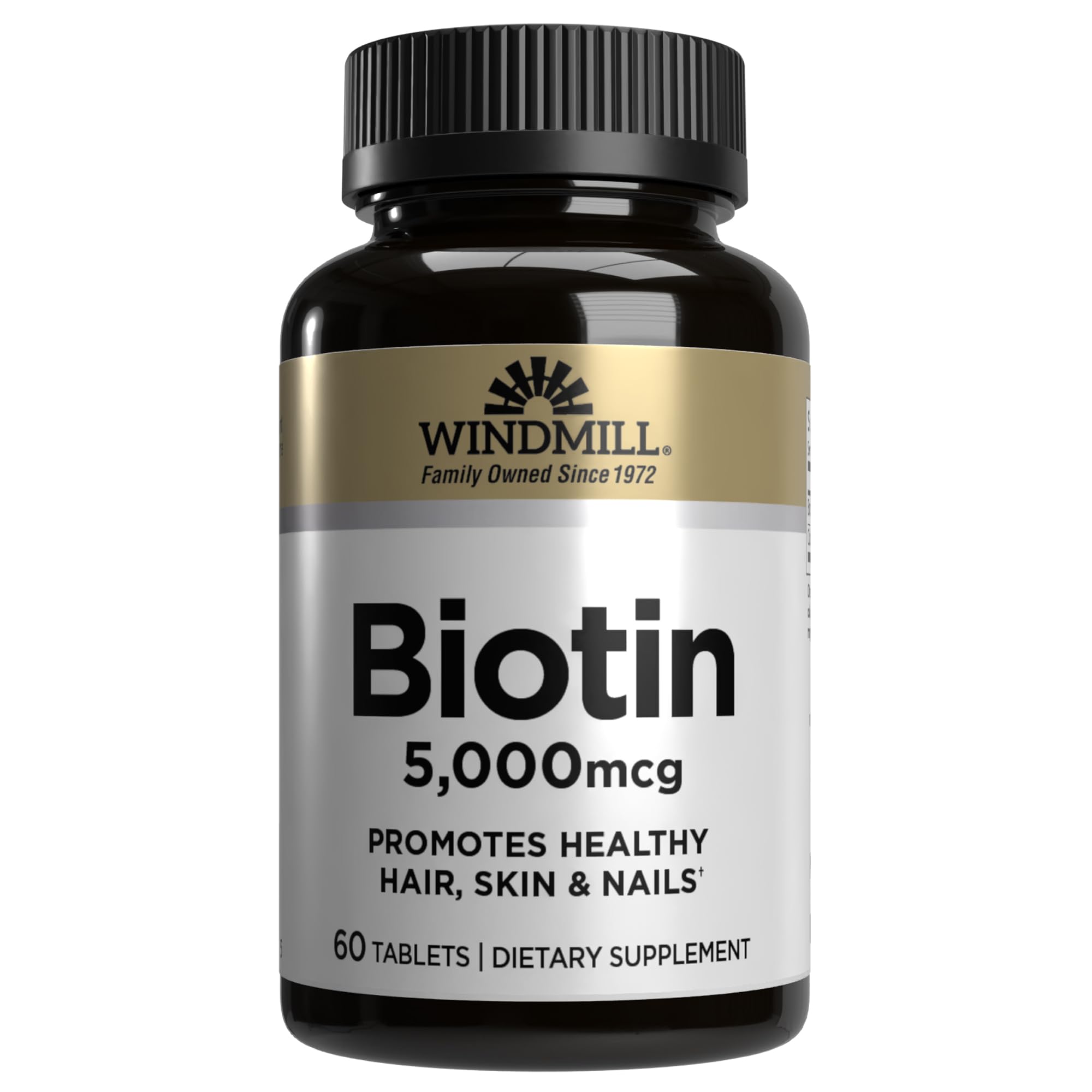 Windmill Natural Vitamins Biotin 5000 mcg, Supports Healthy Hair, Skin & Nails, Metabolism Booster, 60 Count, 60 Servings