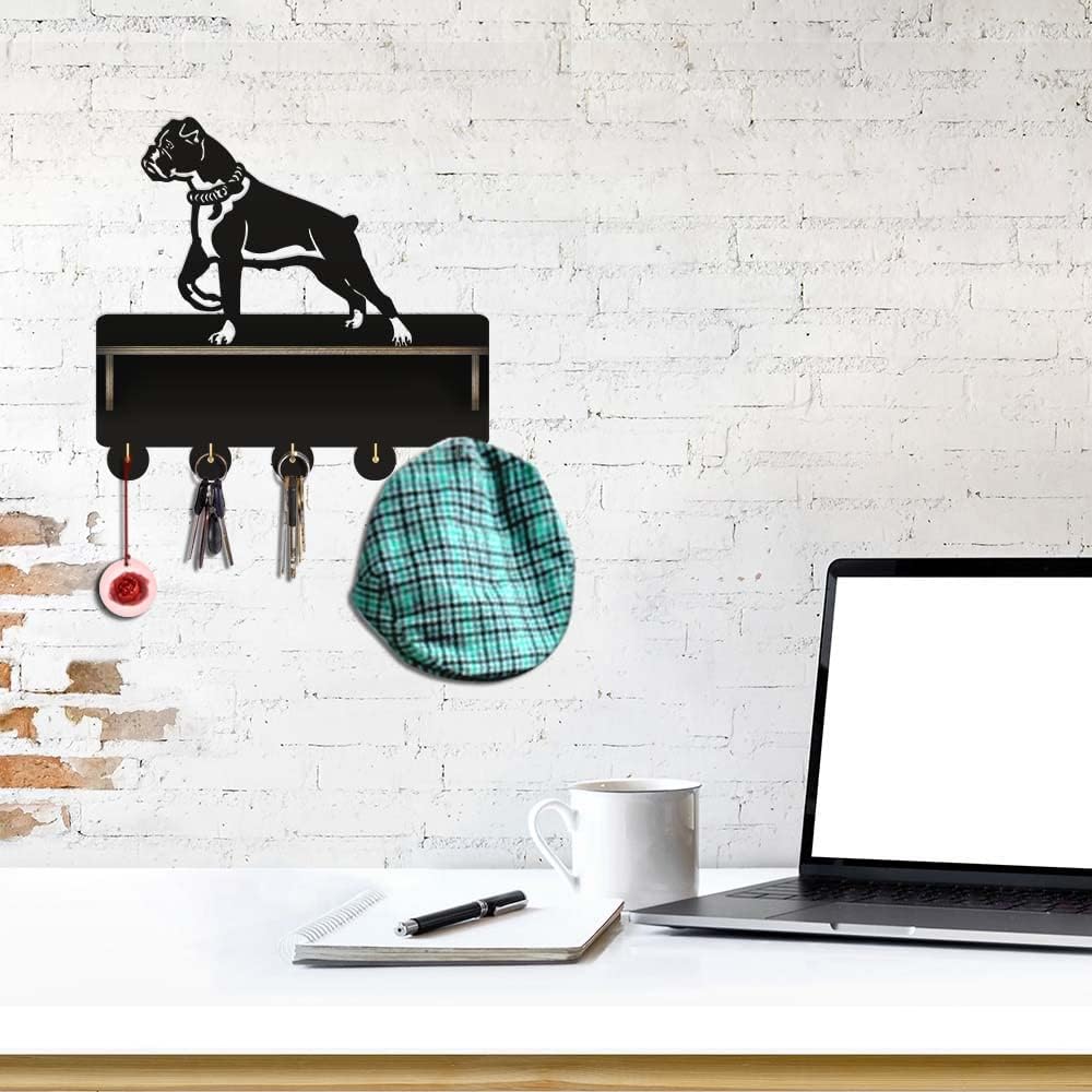 The Geeky Days Key Holder for Wall, Boxer Dog Wooden Wall Mounted Hat Coat Rack with Mail Medal Organizer Shelf, 5 Metal Hooks Hanger, for Closet Door Hanging for Puppy Lover Gift