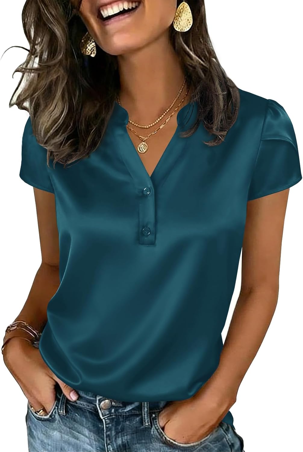 Yousify Women Satin Blouse for Women Business Work Tops Casual Cap Sleeve V Neck Button Down Shirts