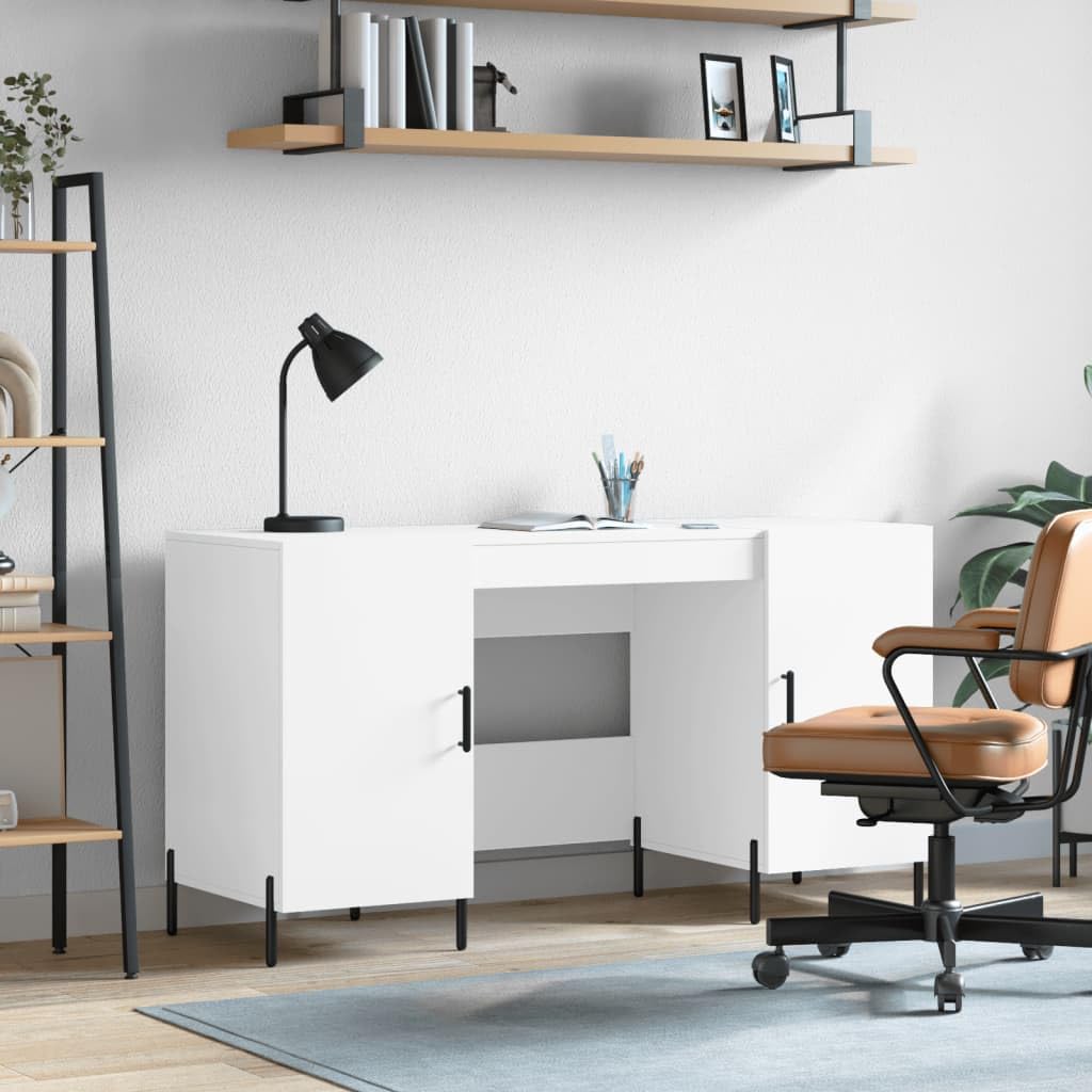 Escritorio 140x50x75 cm trabajado madera blanca con almacenamiento y