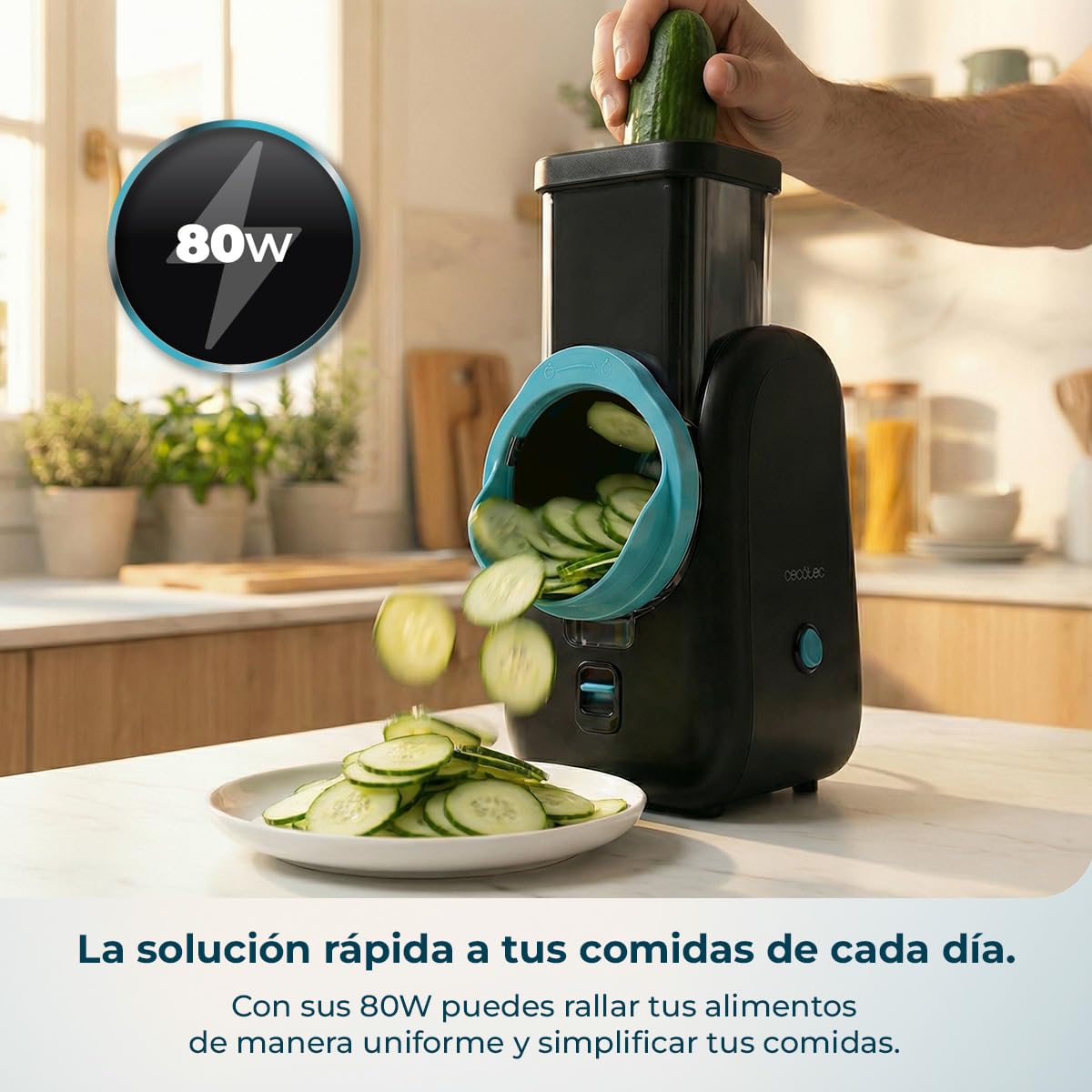 Cecotec Cortador Eléctrico de Verduras - Salad Maker - Total Blade Full Black. Procesador Alimentos, 4 Cilindros Intercambiables, Corta, Ralla y Lamina, Desmontable, Compacto, Ensaladas en Segundos