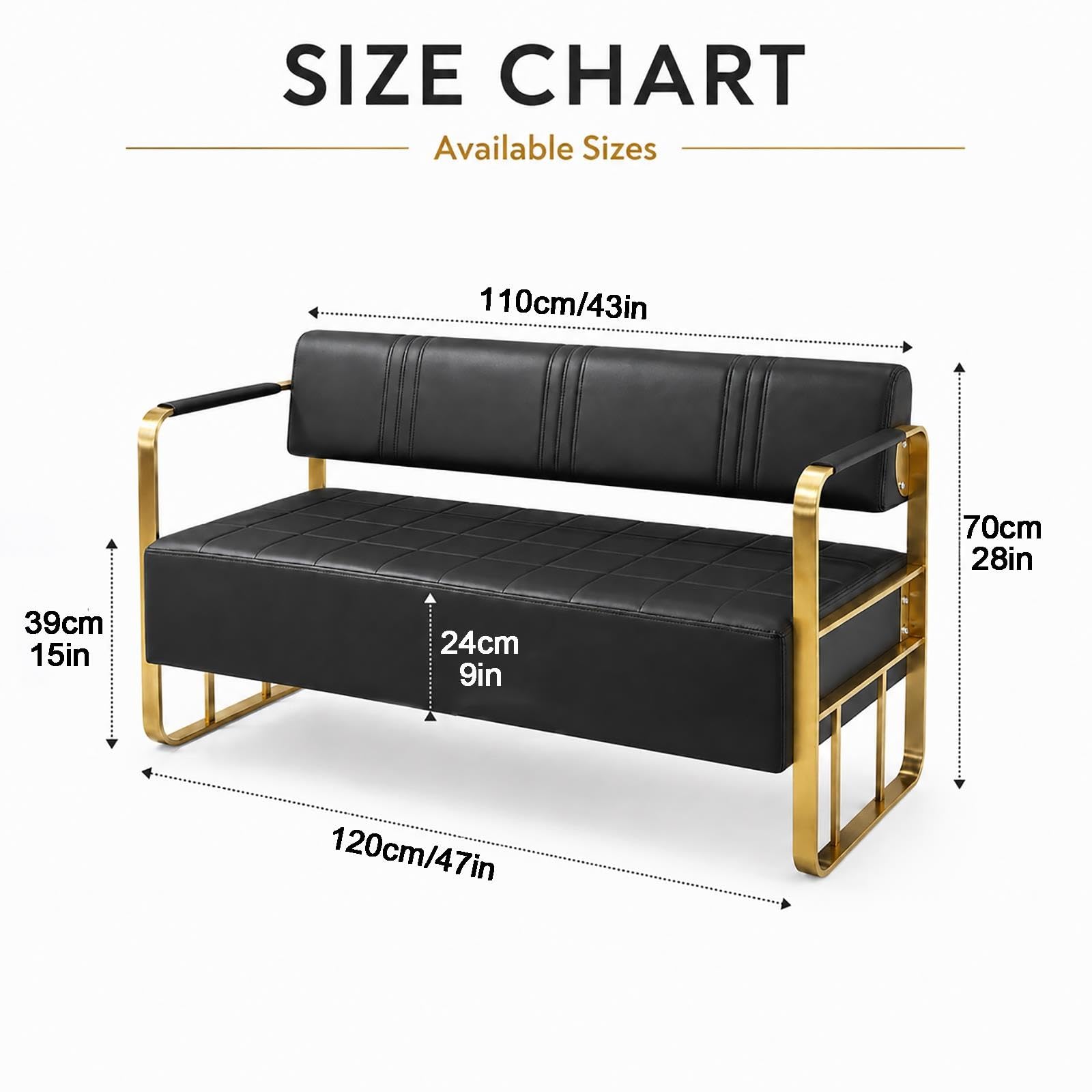 Ławka do Poczekalni z Ekoskóry PU, Sofa Recepcyjna ze Złotą Metalową Ramą