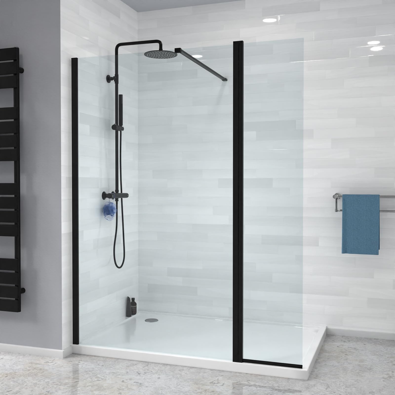 Nes Home Matte Black Black 1200Mm Shower 8Mm Tempered Glass Screen With 30Omm Flipper Panel
