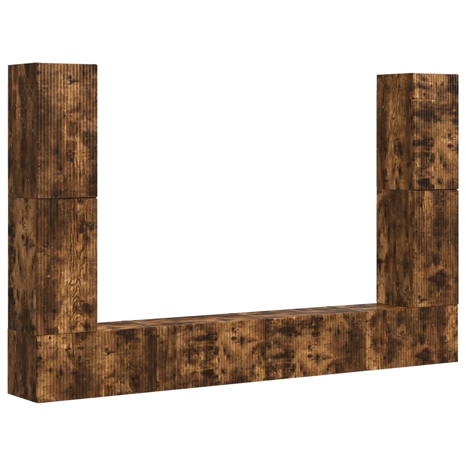 8-TLG. TV-Schrankset Wohnwand aus Holzwerkstoff, Geräucherte Eiche, Modernes Media-Center für Wohnzimmer, Wandregal-Set mit Stauraum für TV, Technik und Deko, 31x30x60cm & 60x31x29,5cm