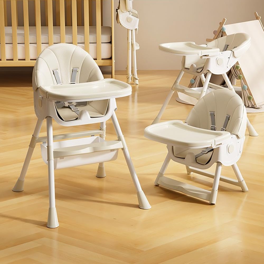 Chaise Haute Bébé – Chaise Enfant Pliable avec Plateau Détachable, Chaises à manger pour enfants avec Fonction d'Inclinaison Réglable et Table, Convient de 6 mois à 3 ans (6 en 1-Beige)