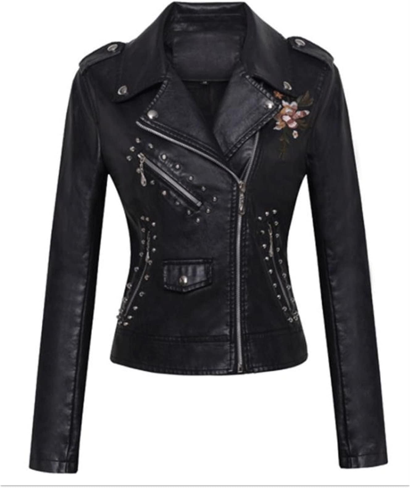 VFEDDDF Leather Jackets Ladies Patchwork Leather Jacket Floral Embroidered Rivet Cropped Leather Small Jacket Casual Motorcycle Jacket(S)