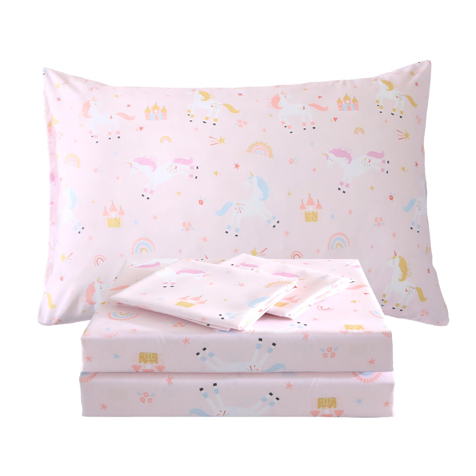 Photo 1 of FEKOHIPY Kids Sheet Set Unicorn Pink Queen Size Bedsheet for Girls, 4PCS Rainbow Printed Microfiber Soft Breathable Children Bedding Easy-Fit 14 Inch Deep Pocket