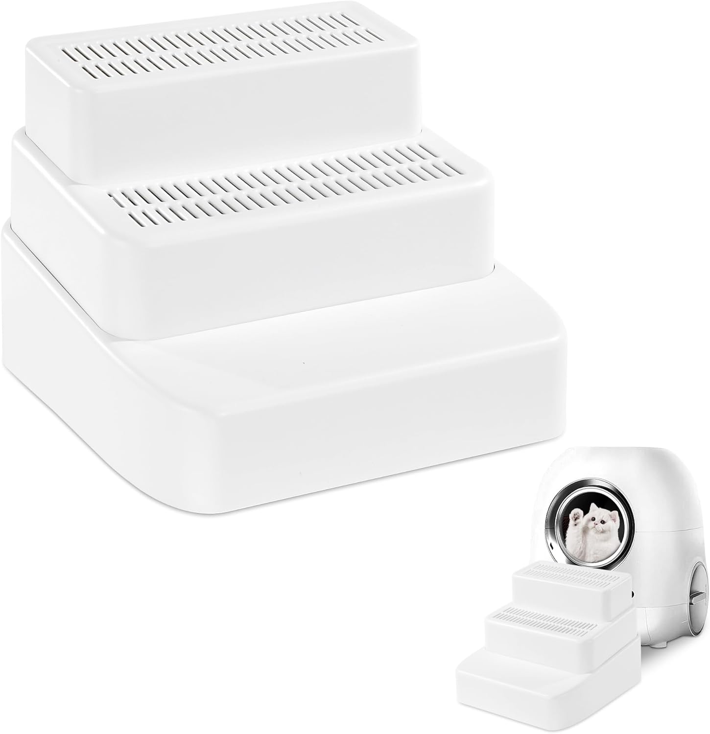 BALAPET Adjustable 3 Steps Litter Box Ramp with Filter Function, Detachable Litter Trapper, Easy Clean Cat Litter Stair for Small & Elderly Cats(White)