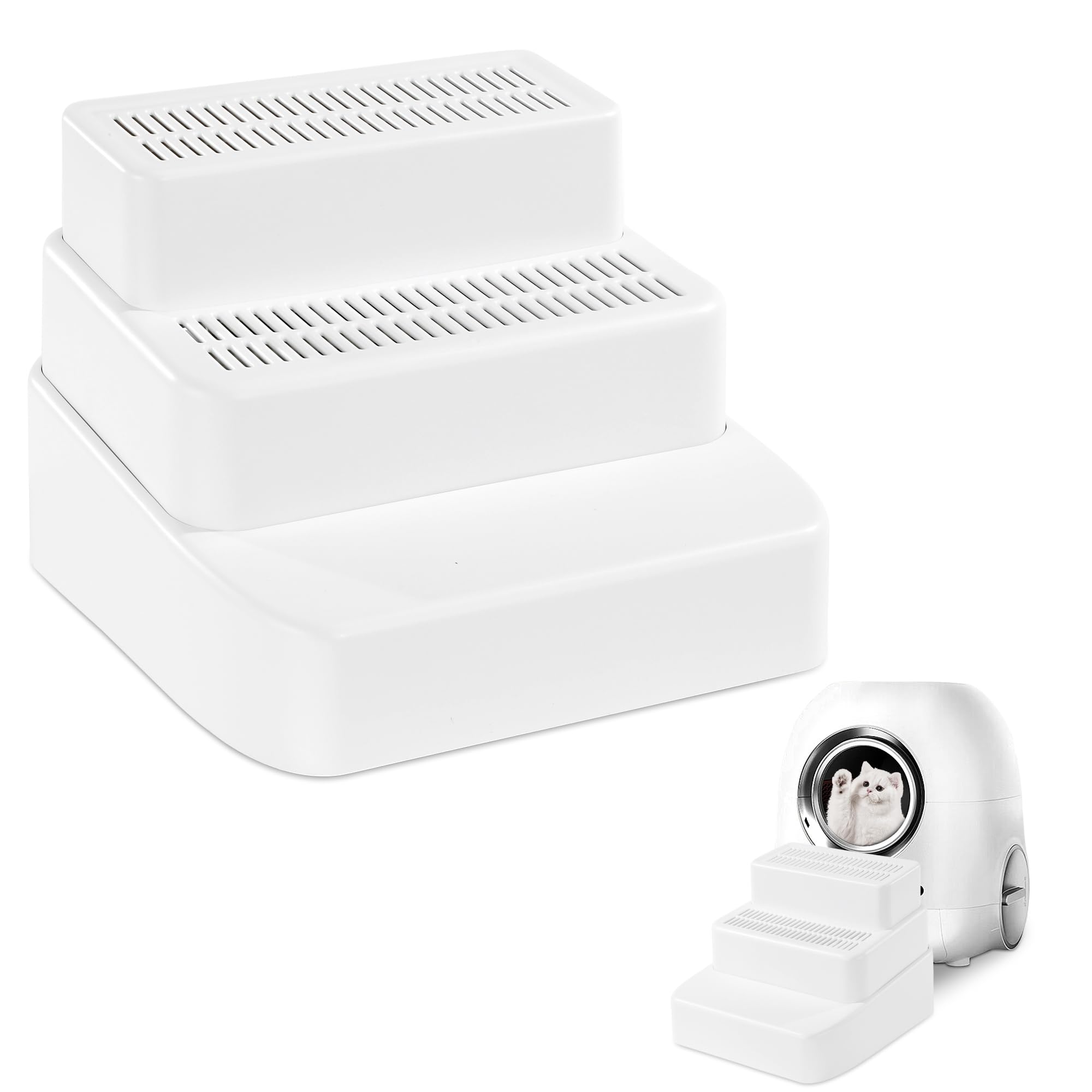 BALAPET Adjustable 3 Steps Litter Box Ramp with Filter Function, Detachable Litter Trapper, Easy Clean Cat Litter Stair for Small & Elderly Cats(White)