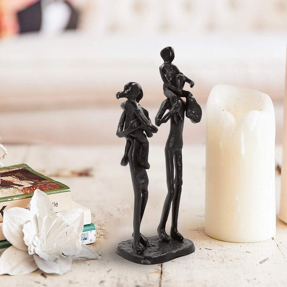 DreamsEden Rustic Family Figurines, Cast Iron Art Home Decoration Statue with Gift Card for Anniversary Birthday (Family of Four Carrying)