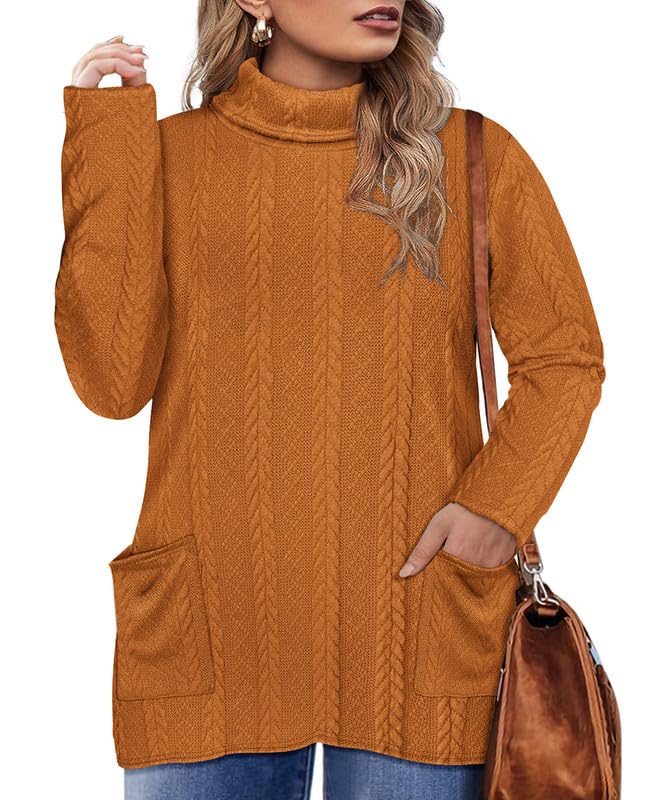 CARCOS Plus Size Sweaters for Women Turtleneck Cable Knit Sweater Long Sleeve Pullover Tops Casual Solid Shirts with