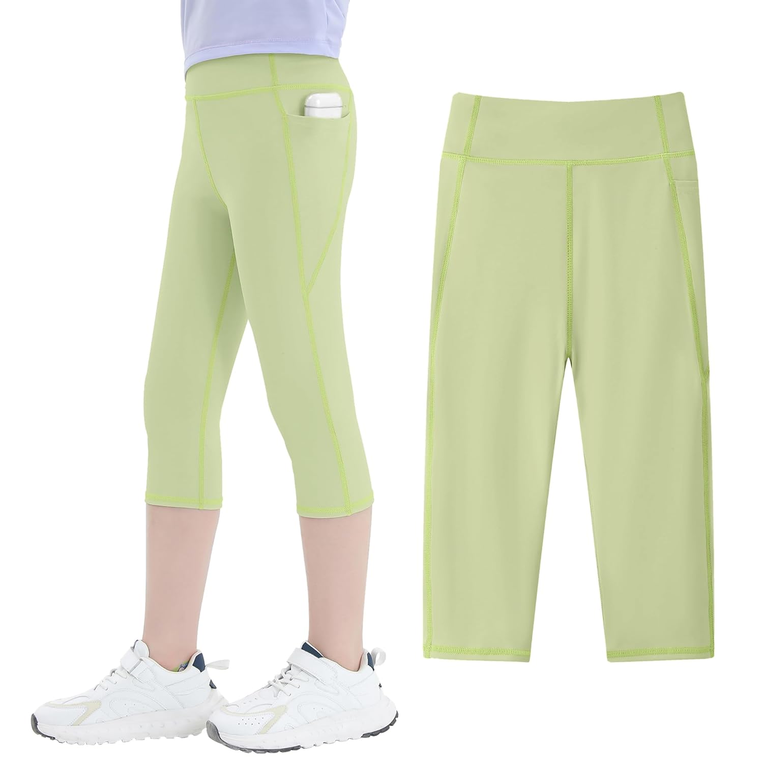 JinBei Sports Leggings Girls Capri 3/4 Sports Trousers with Pockets High Waist Children's Yoga Leggings Training Trousers Knee-Length Jogging Bottoms Elastic Plain Leggings for...