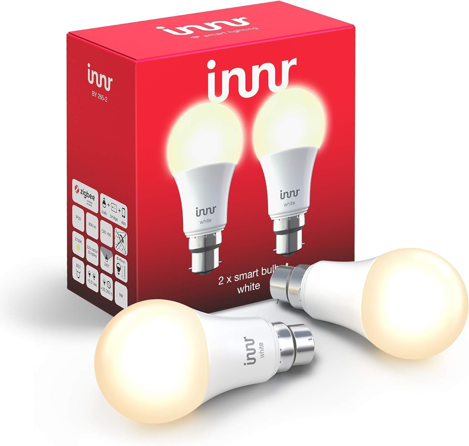 Innr Smart Bulb White B22, Works with Hue*, SmartThings, Alexa & Hey Google (Hub Required), 2700K Warm White, Bayonet, 2-Pack, by 265-2