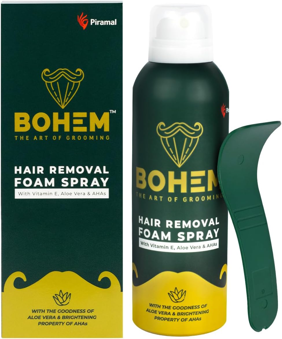 BOHEM Hair Removal Spray for Men | 200g | Free Spatula | Hair Removal Cream Spray with Thick Foam for Back, Chest, Legs, Arms, Under Arms & Intimate Areas | AHAs, Glycolic Acid, Kojic Acid & Aloe vera